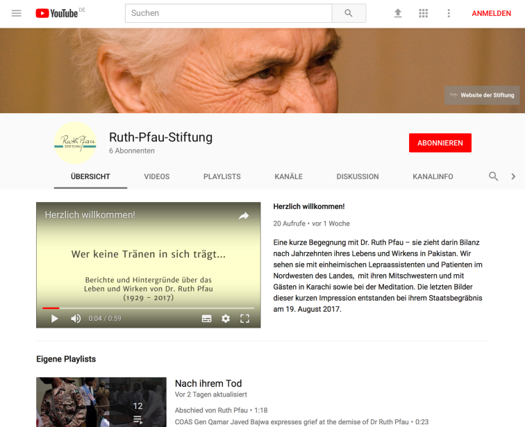 YouTube-Channel der Ruth-Pfau-Stiftung